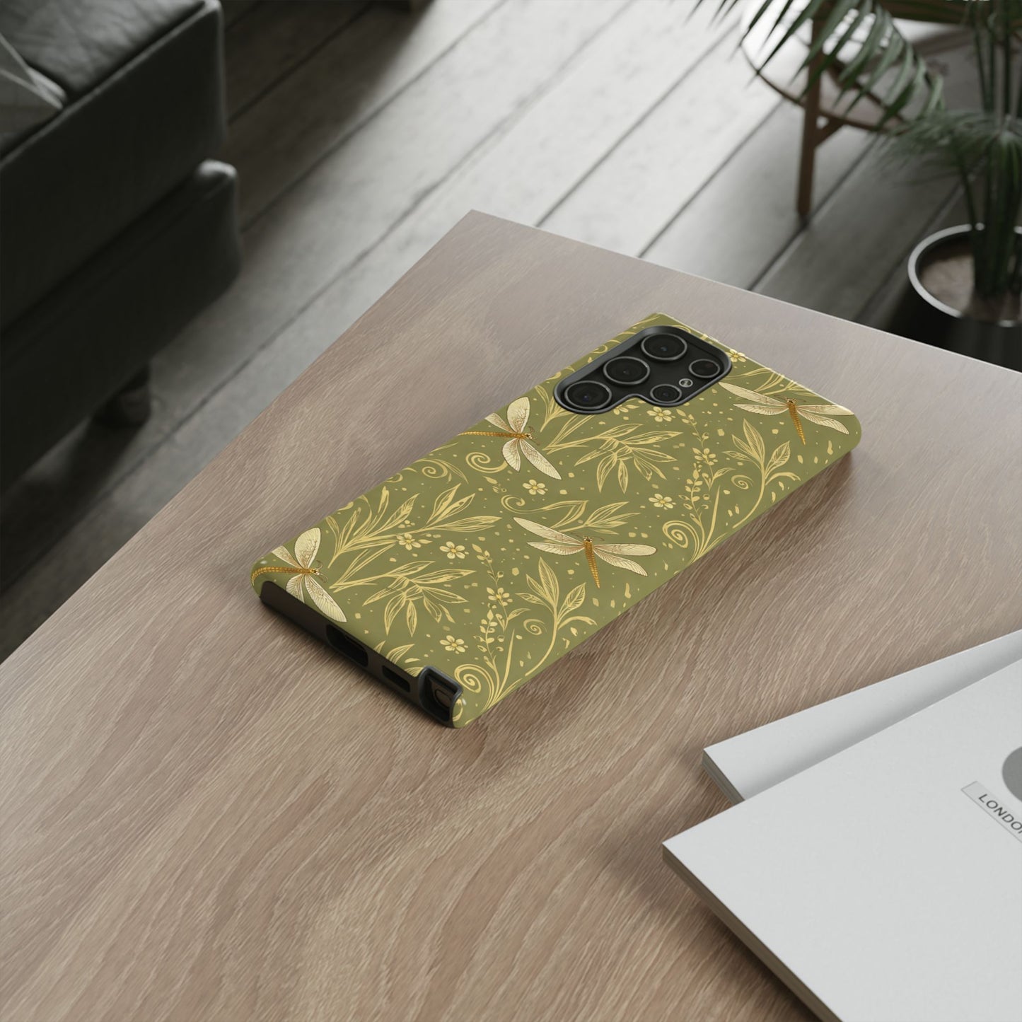 Phone Case - Olive Green Dragonfly Floral Tough Case