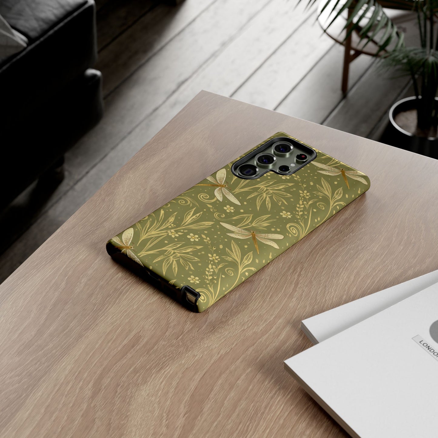 Phone Case - Olive Green Dragonfly Floral Tough Case