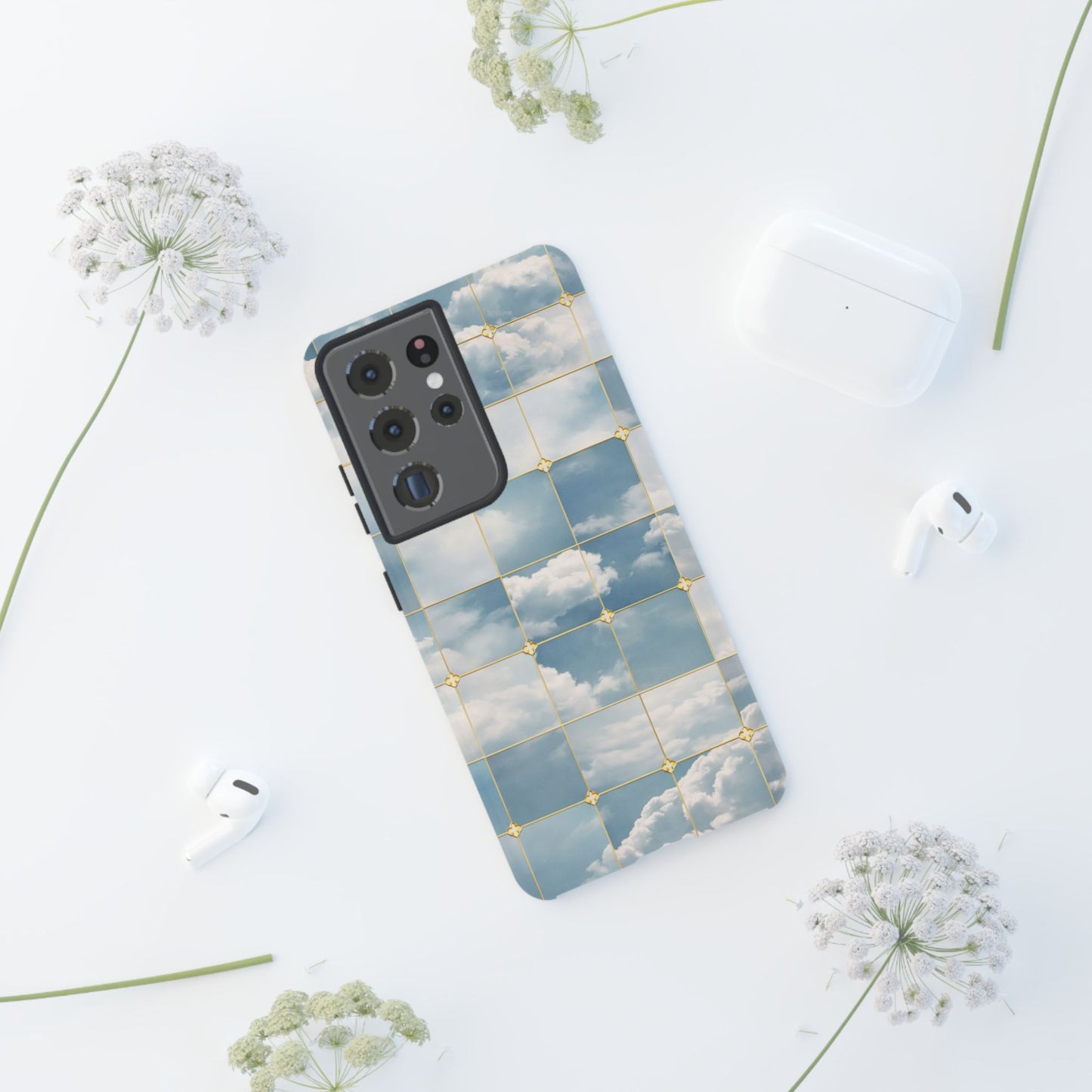 Cloud Tile Tough Phone Case — Blue Sky Grid Protective Cover