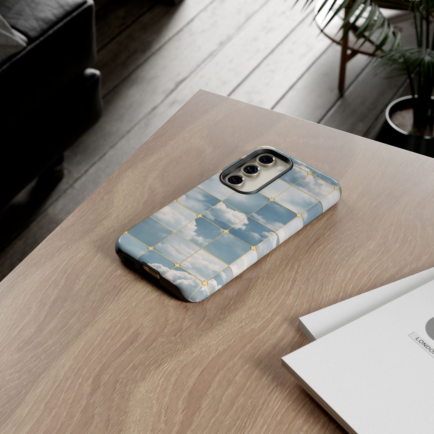 Cloud Tile Tough Phone Case — Blue Sky Grid Protective Cover