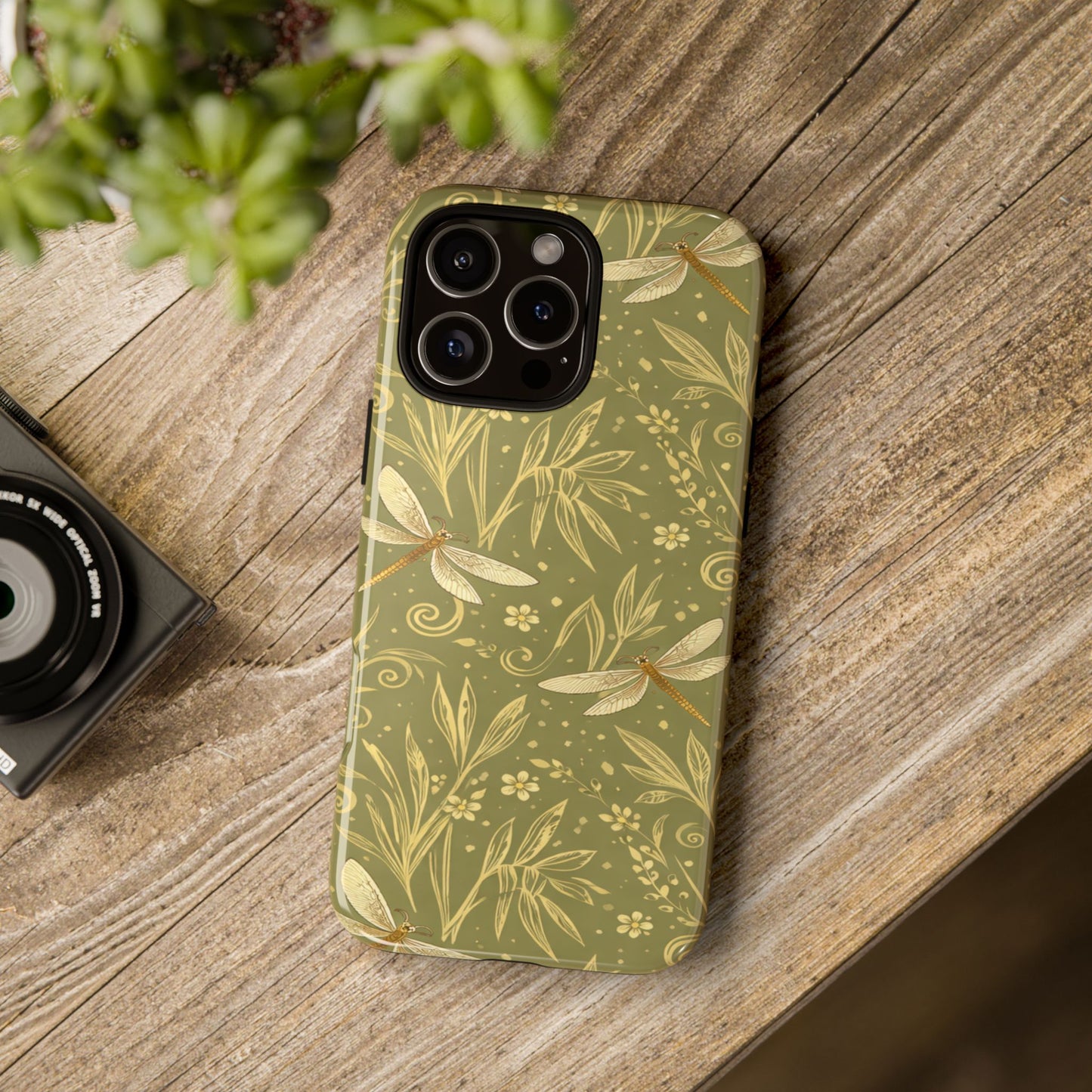 Phone Case - Olive Green Dragonfly Floral Tough Case