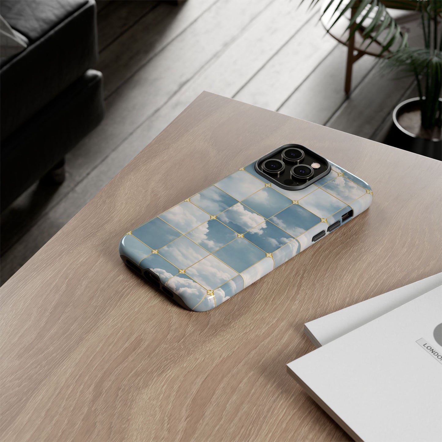 Cloud Tile Tough Phone Case — Blue Sky Grid Protective Cover