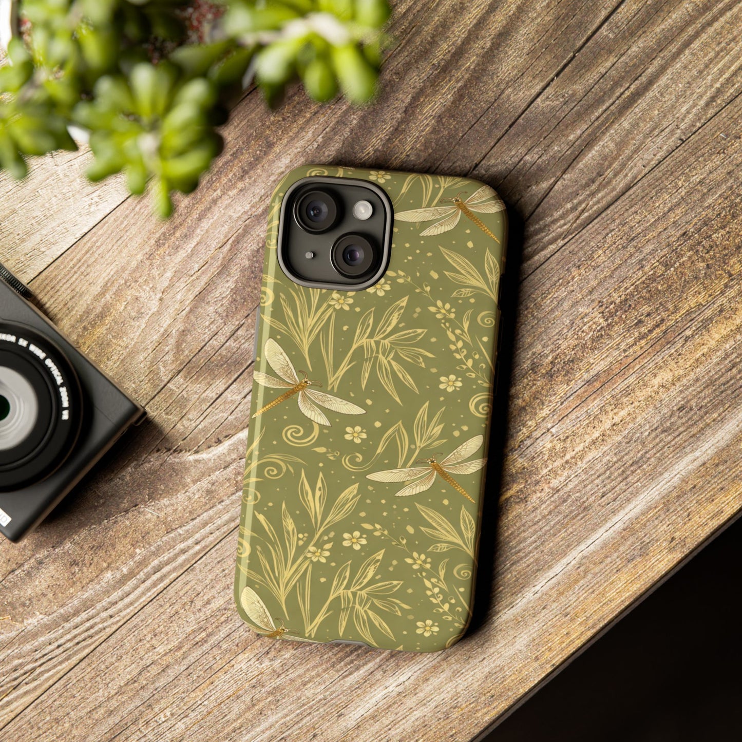 Phone Case - Olive Green Dragonfly Floral Tough Case