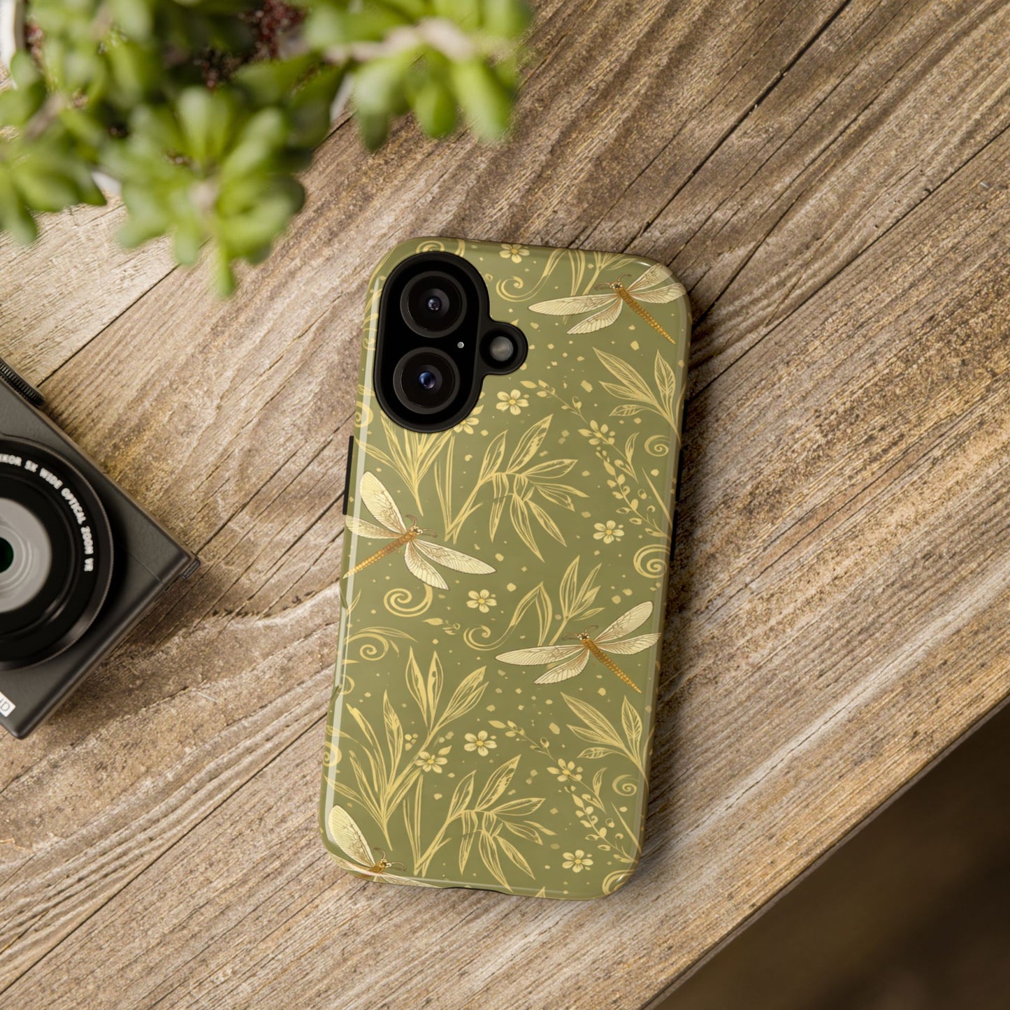 Phone Case - Olive Green Dragonfly Floral Tough Case