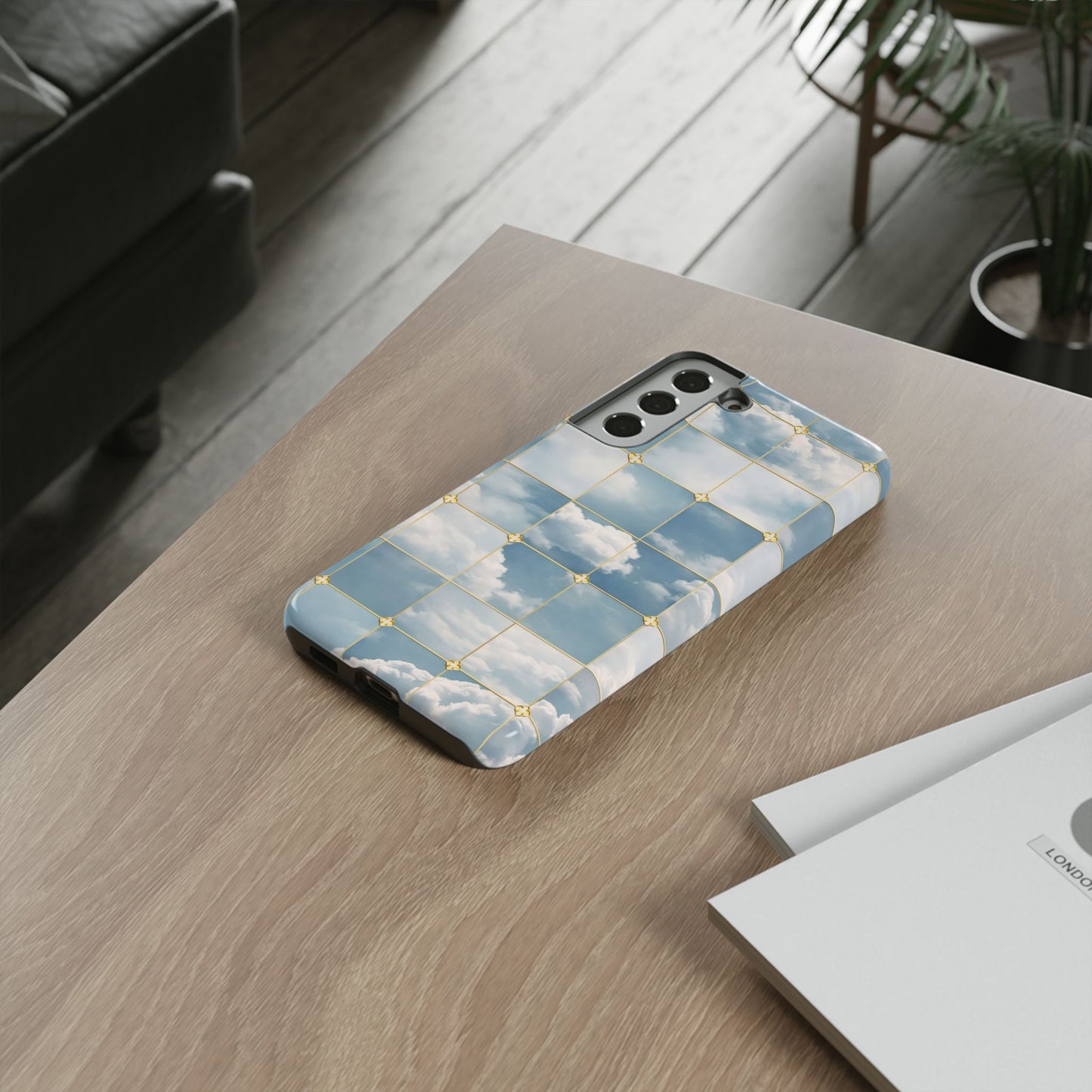 Cloud Tile Tough Phone Case — Blue Sky Grid Protective Cover