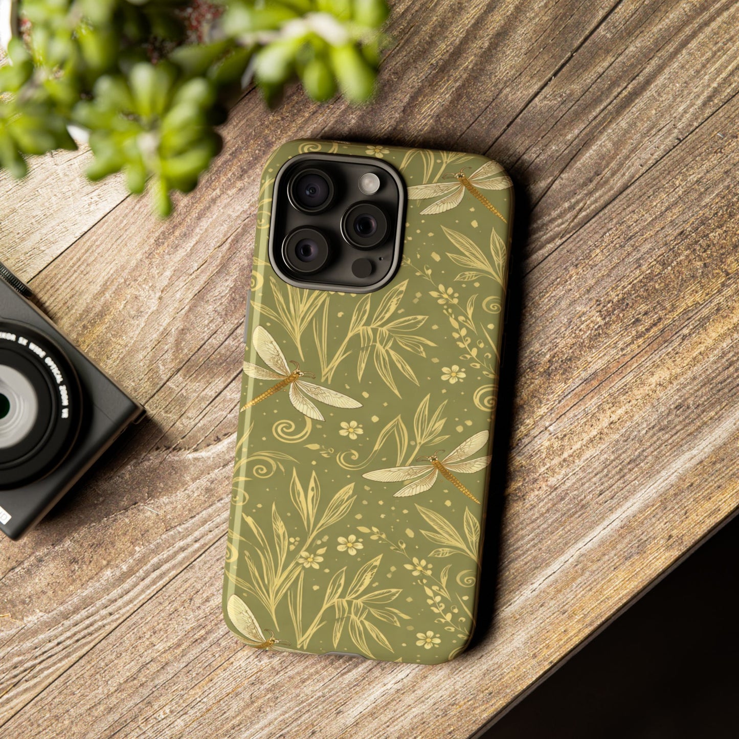 Phone Case - Olive Green Dragonfly Floral Tough Case