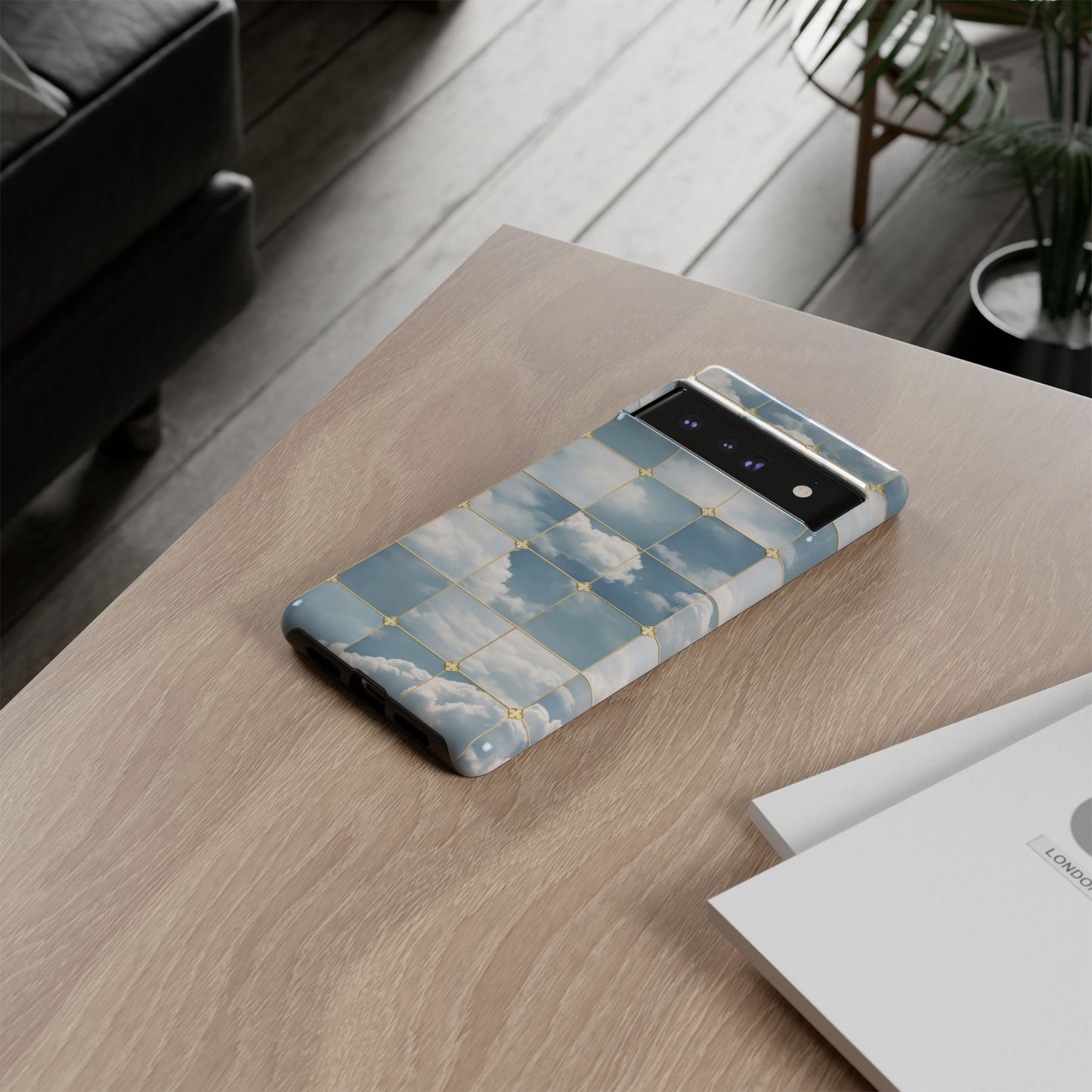 Cloud Tile Tough Phone Case — Blue Sky Grid Protective Cover
