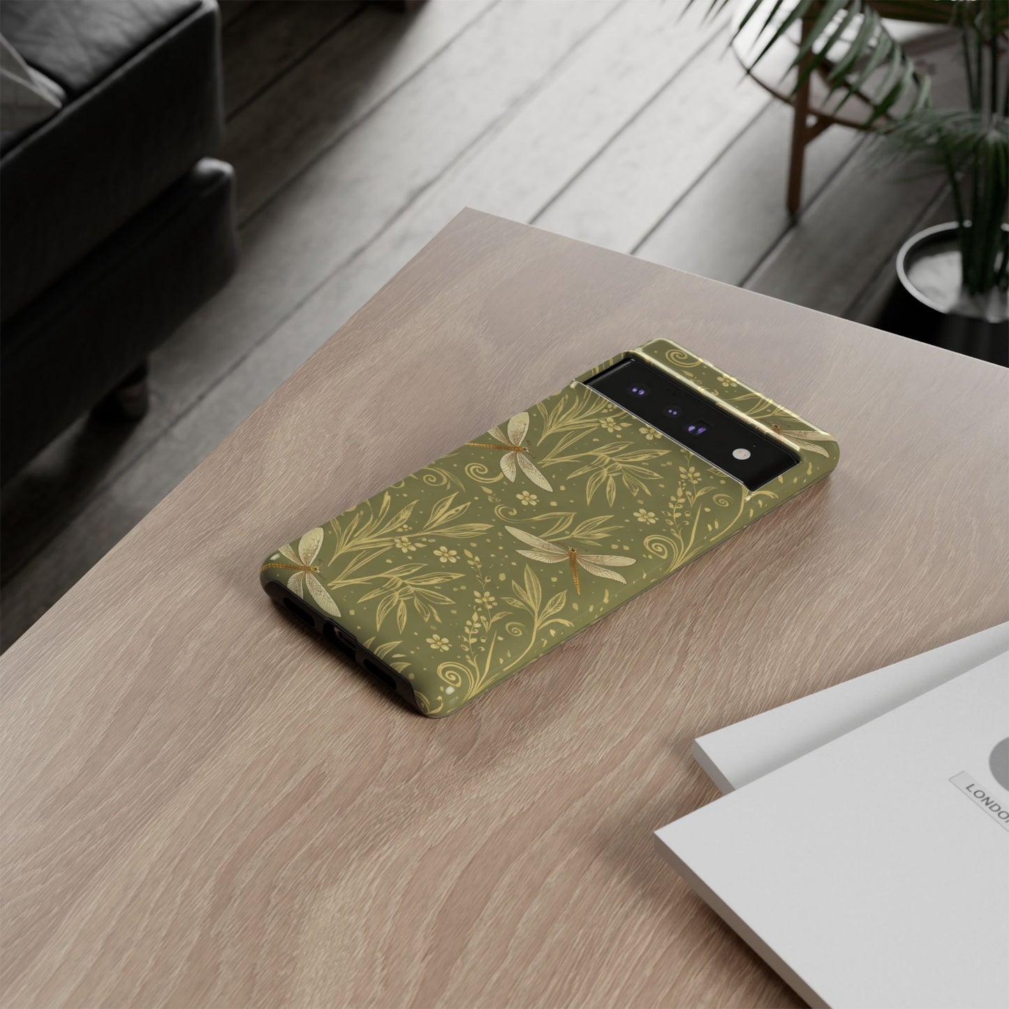 Phone Case - Olive Green Dragonfly Floral Tough Case