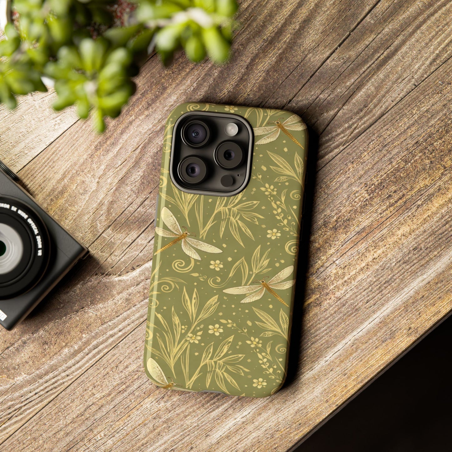 Phone Case - Olive Green Dragonfly Floral Tough Case