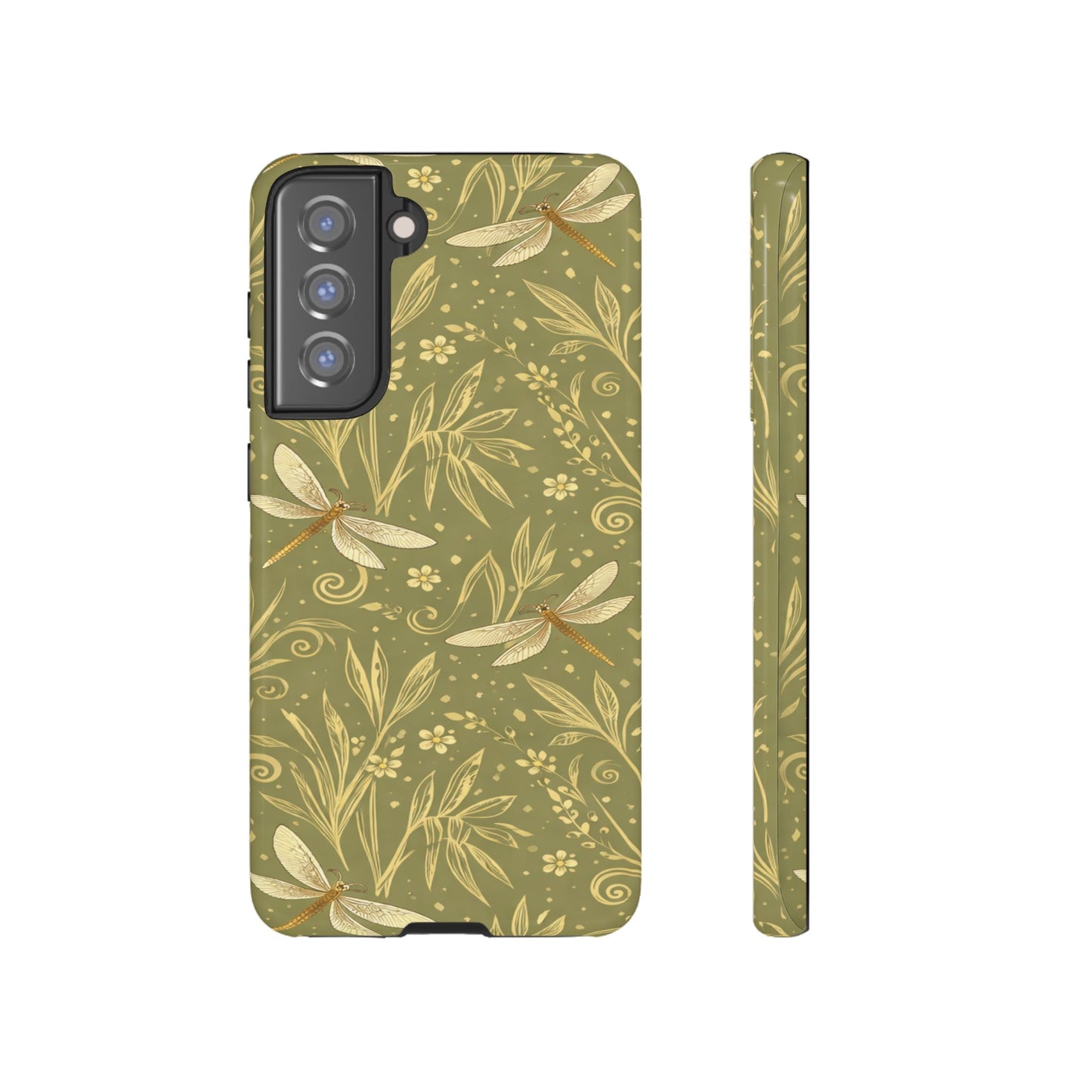 Phone Case - Olive Green Dragonfly Floral Tough Case