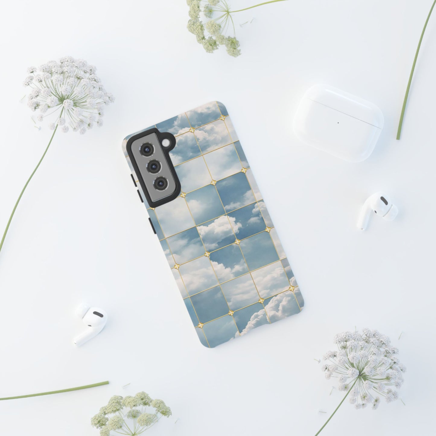 Cloud Tile Tough Phone Case — Blue Sky Grid Protective Cover