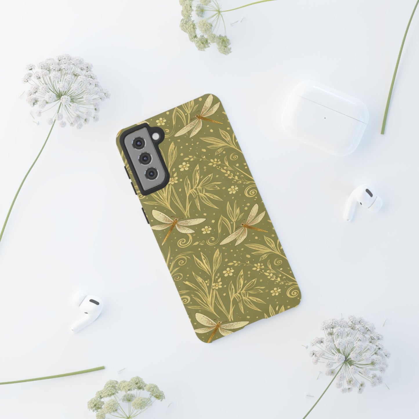 Phone Case - Olive Green Dragonfly Floral Tough Case