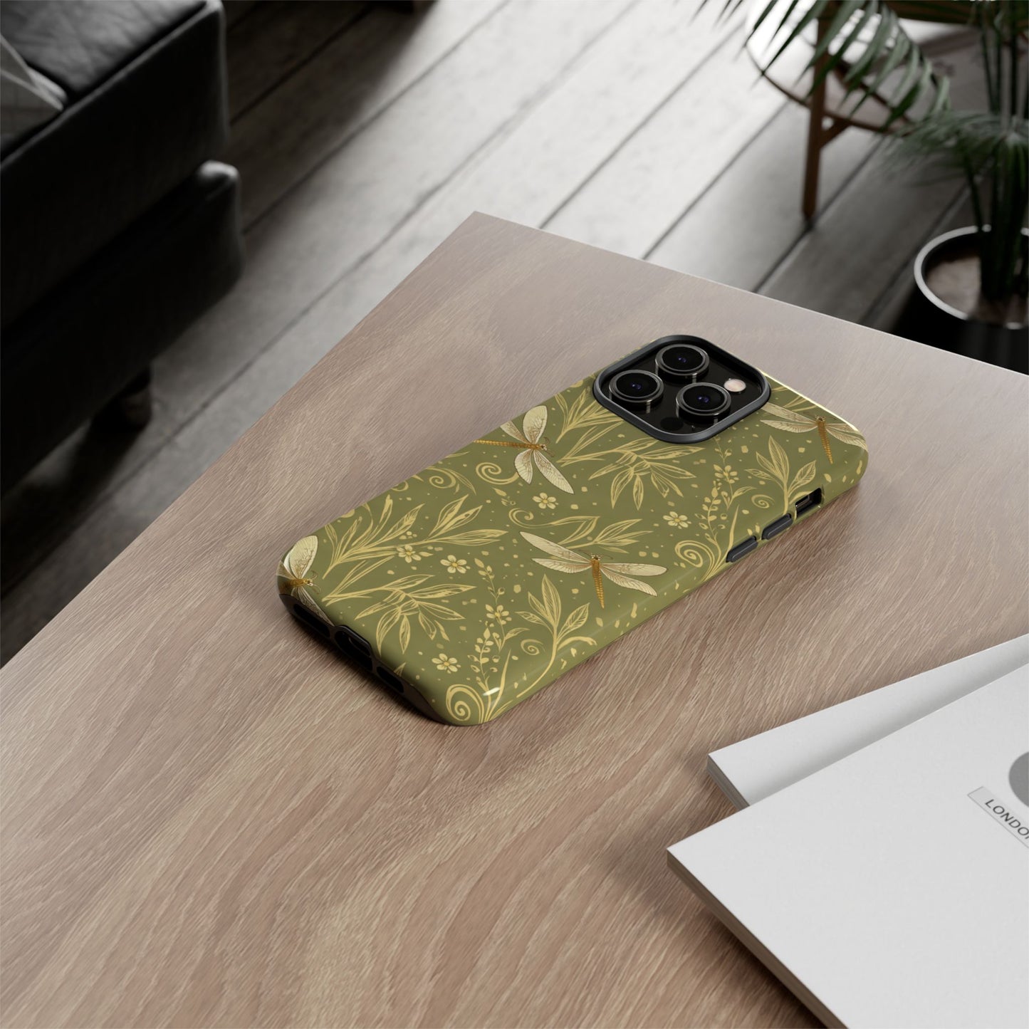 Phone Case - Olive Green Dragonfly Floral Tough Case