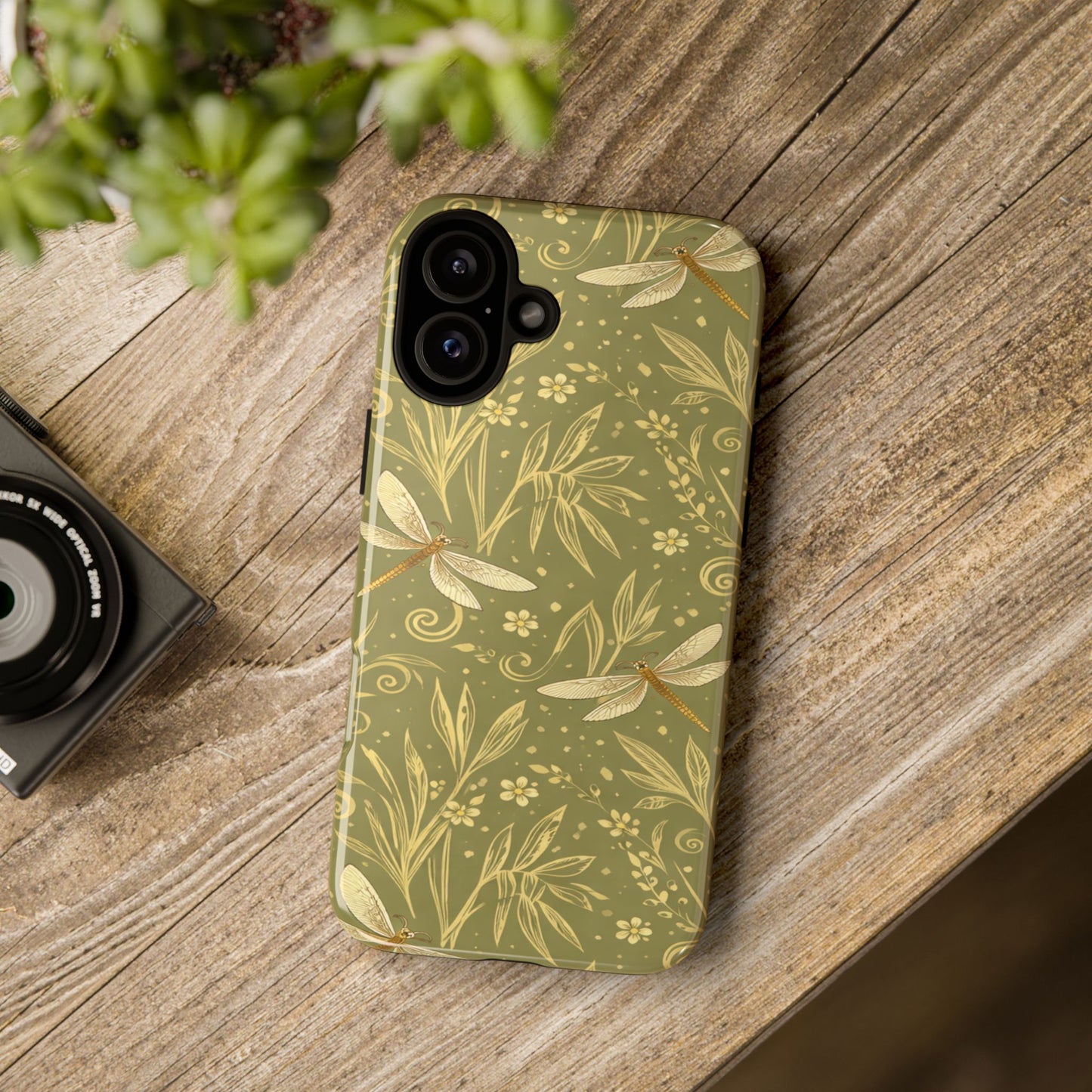 Phone Case - Olive Green Dragonfly Floral Tough Case