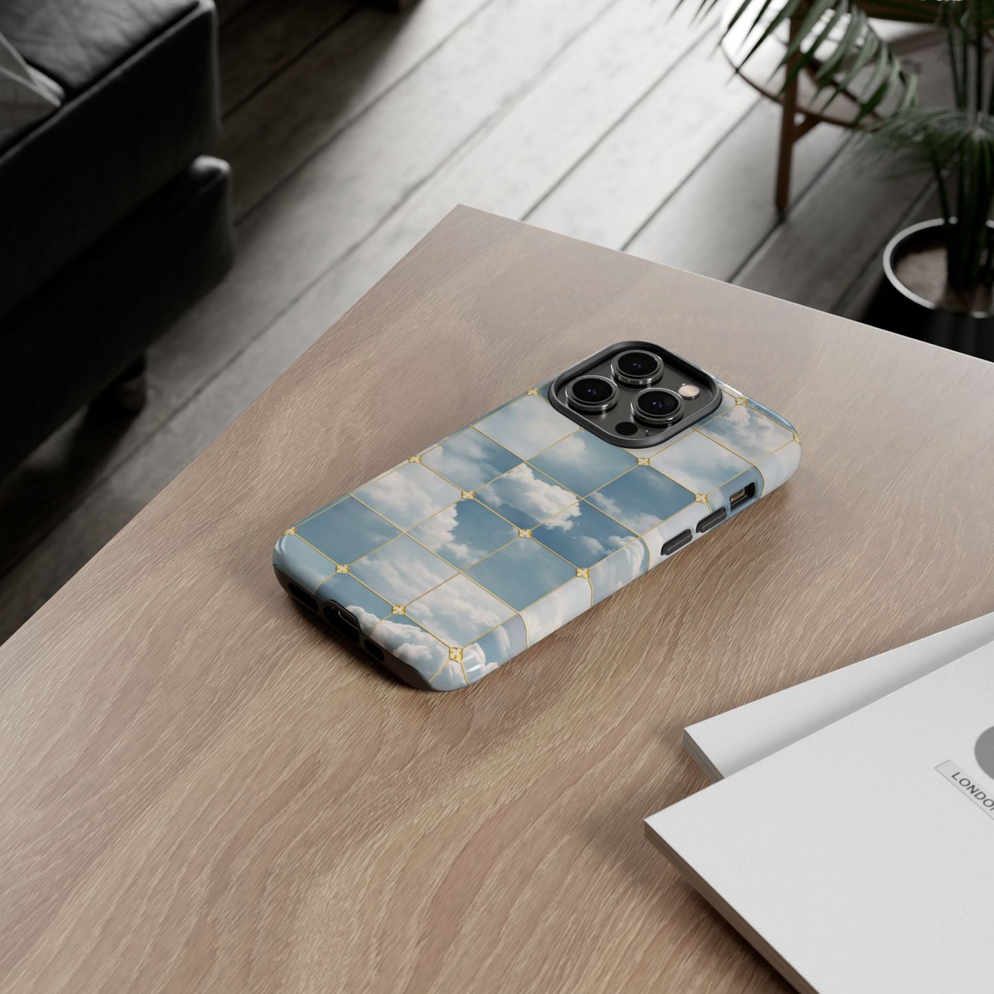 Cloud Tile Tough Phone Case — Blue Sky Grid Protective Cover